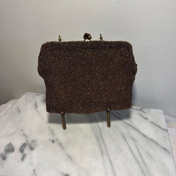 Elegant Brown Clutch Bag beaded with copper tiny beads made in Belgium - Picture 3 of 16